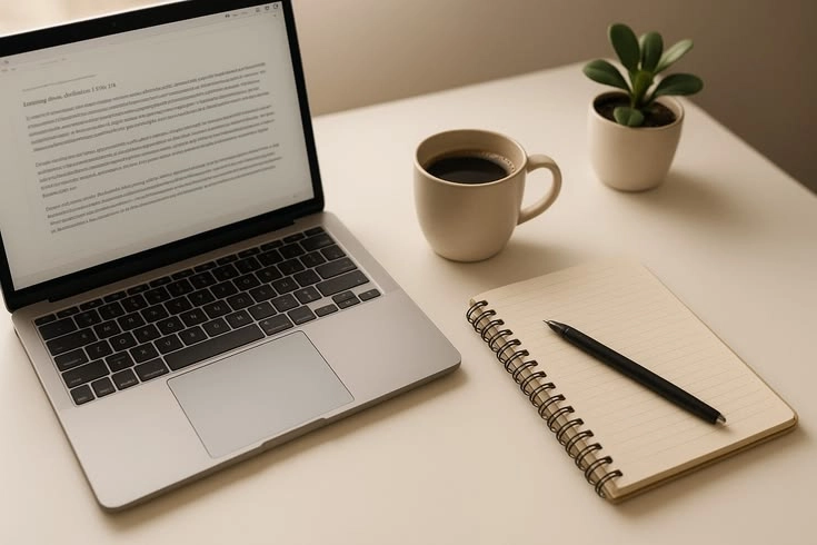 Laptop, coffee, and smartphone on a desk representing digital marketing trends and business growth by a freelance digital marketer in Saudi Arabia.