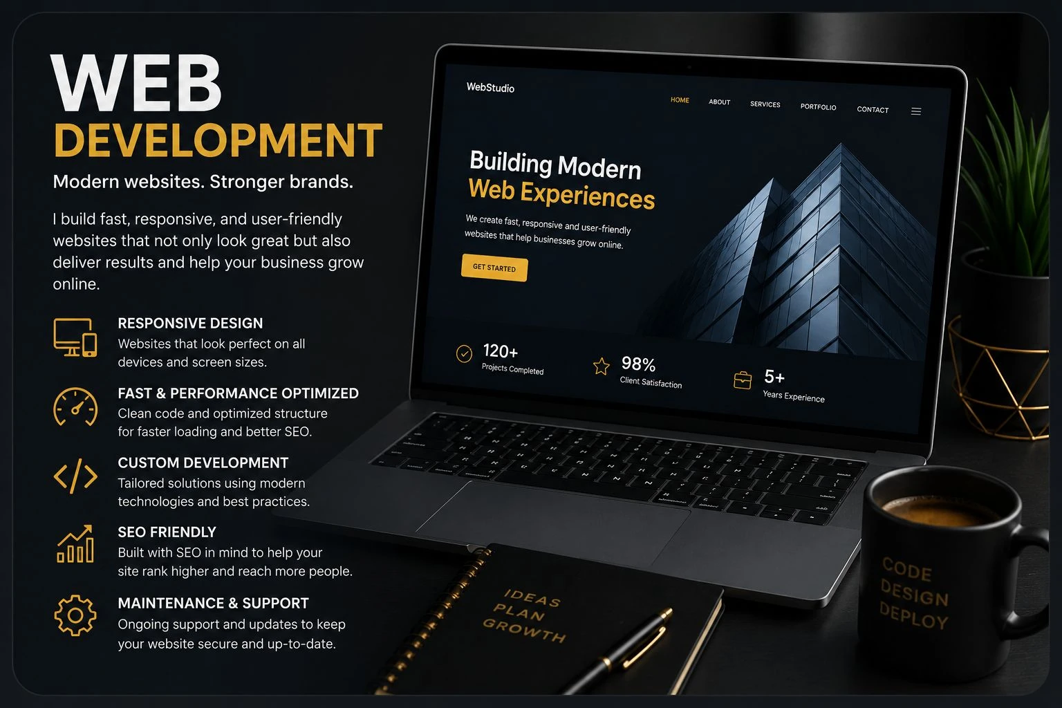 Professional web development services by a freelance digital marketer in Saudi Arabia, including responsive website design, WordPress development, SEO-friendly structure, website maintenance, and performance optimization.