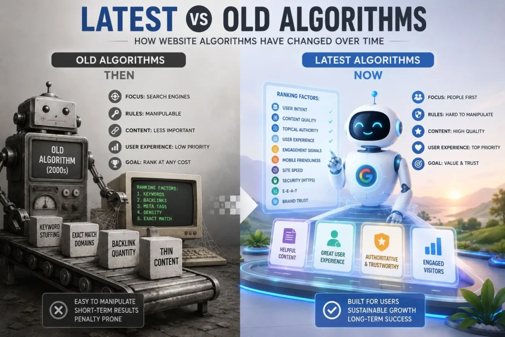 Comparison of old and modern website algorithms and SEO ranking factors by a freelance digital marketer in Saudi Arabia