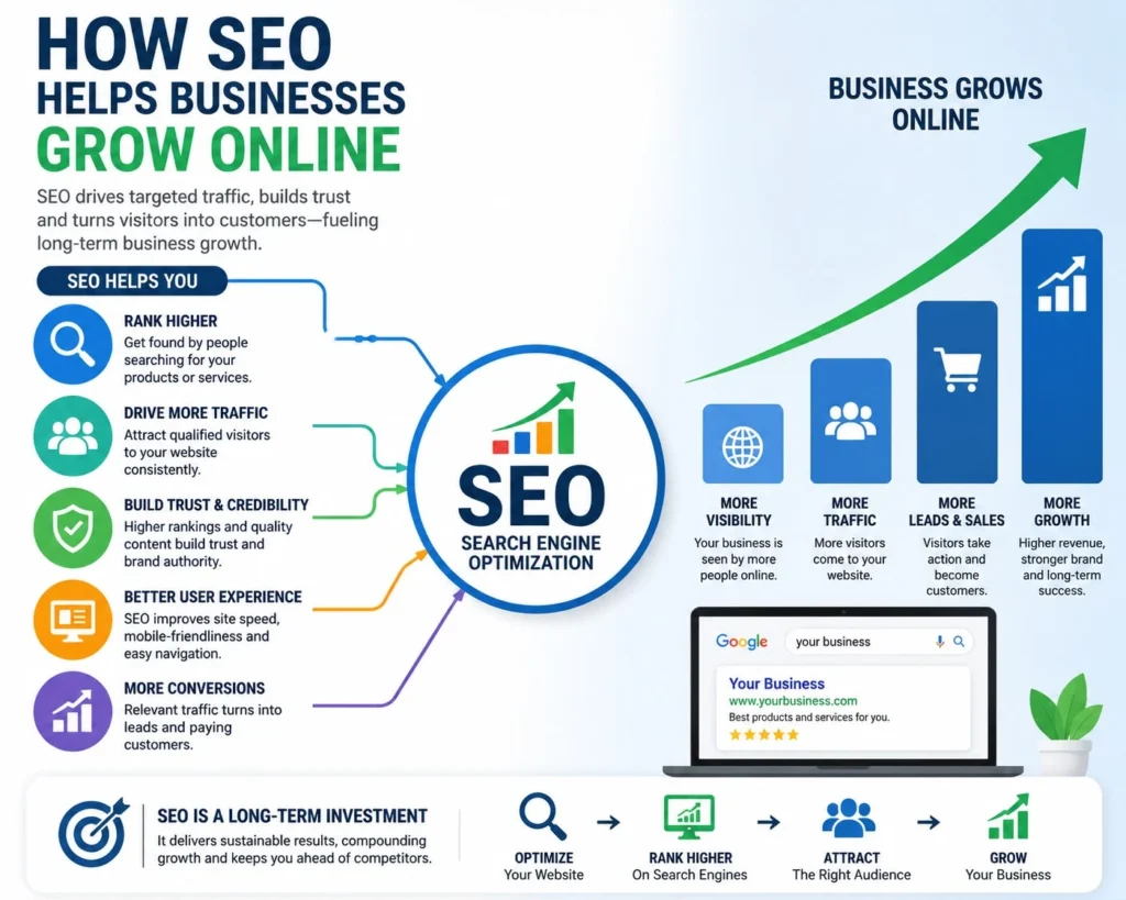 Blog image explaining how SEO helps businesses grow online through improved rankings, organic traffic, lead generation, and online visibility by a freelance digital marketer in Saudi Arabia.