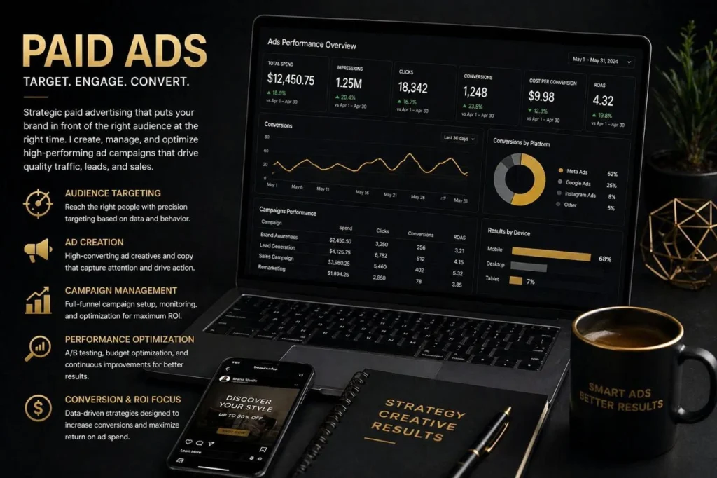 Paid advertising services by a freelance digital marketer in Saudi Arabia, featuring Google Ads and Meta Ads campaign management, audience targeting, A/B testing, conversion tracking, and ROI optimization.
