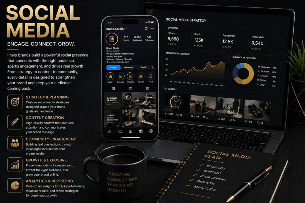 Social media marketing services by a freelance digital marketer in Saudi Arabia, featuring content strategy, audience engagement, profile optimization, community management, and brand growth solutions.