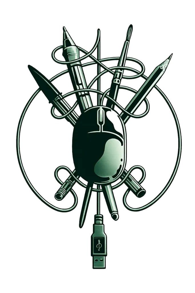 Illustration of creative tools — pen, paintbrush, pencil, and mouse — representing content creation services by a freelance digital marketer in Saudi Arabia