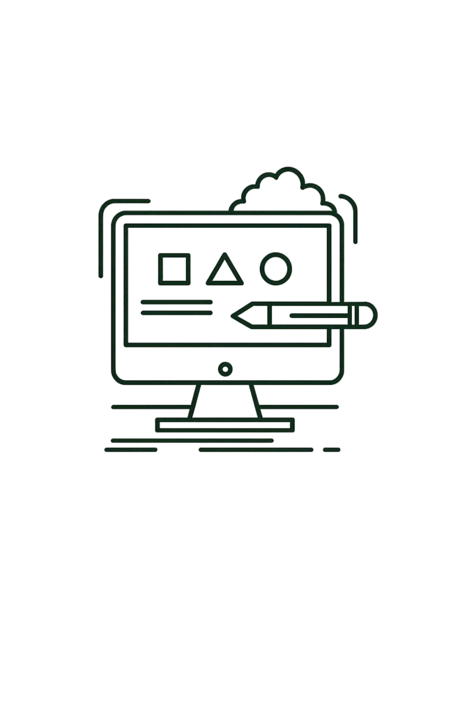 Desktop computer screen displaying design shapes and a pencil, representing graphic design and branding work by a freelance digital marketer in Saudi Arabia