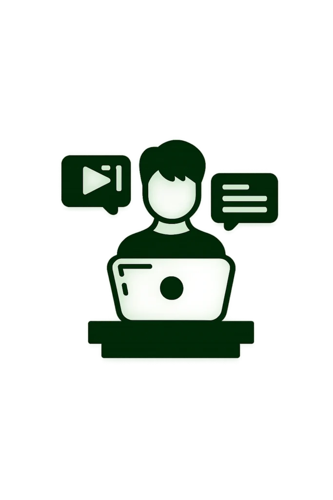 Content creator working on a laptop with video and chat icons, representing social media content by a freelance digital marketer in Saudi Arabia