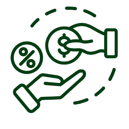 Performance marketing discount icon showing a hand exchanging a dollar coin with a percentage symbol, representing paid advertising and pricing strategy by a Freelance Digital Marketer in Saudi Arabia.